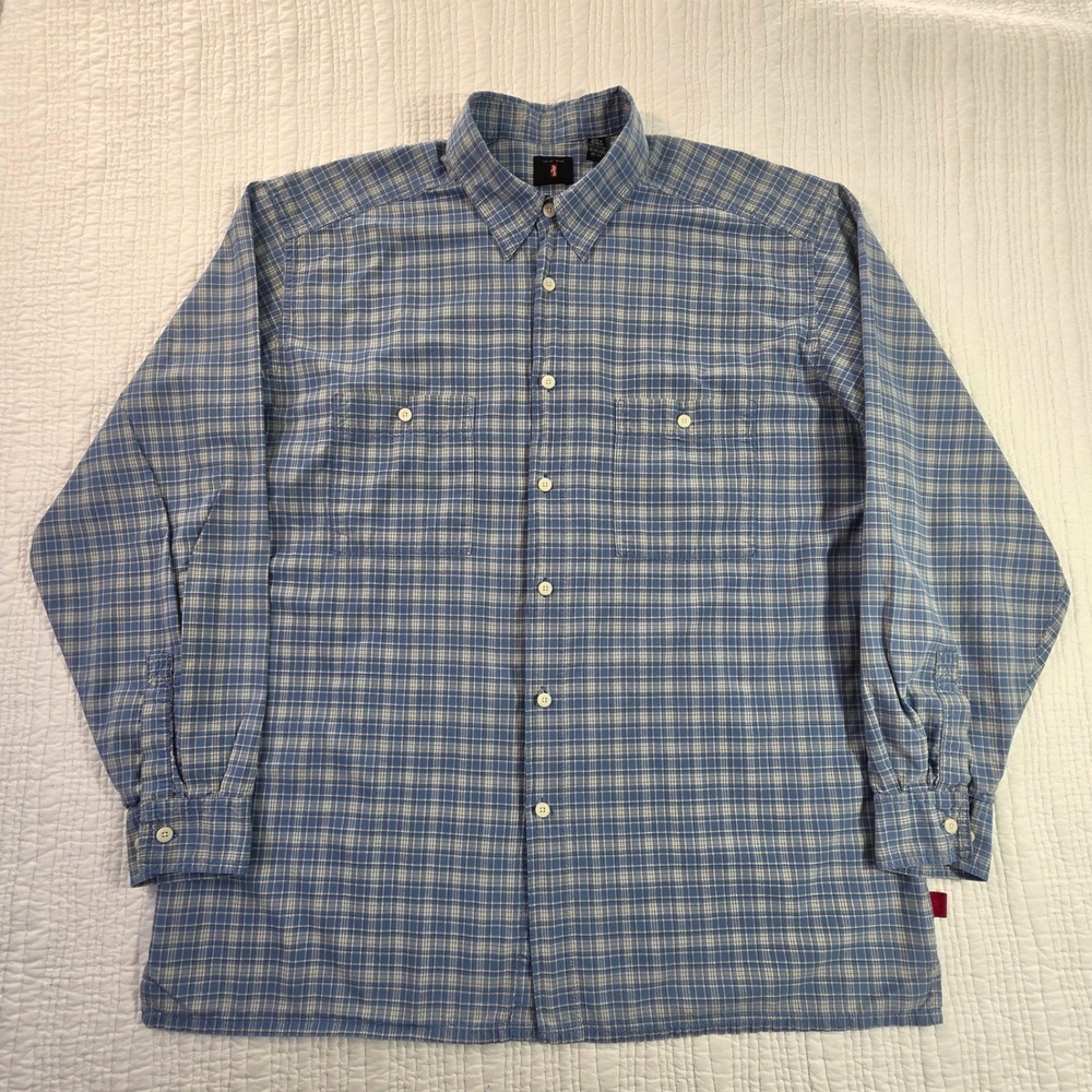 Vintage Levis Jeans Plaid Button Down Shirt Mens XL Blue White Y2K Oversize 1999